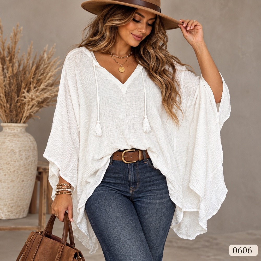 White Gauze Poncho Top Women OS Boho Tassel V-Neck Oversized Summer Blouse 0606